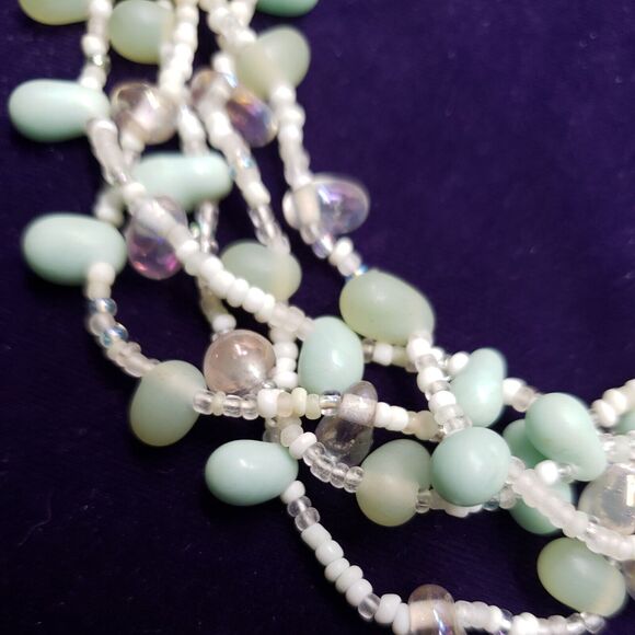 5 Layer Necklace Mint Green & Iridescent Clear Jellybean Shaped & Seed Beads - Picture 9 of 11